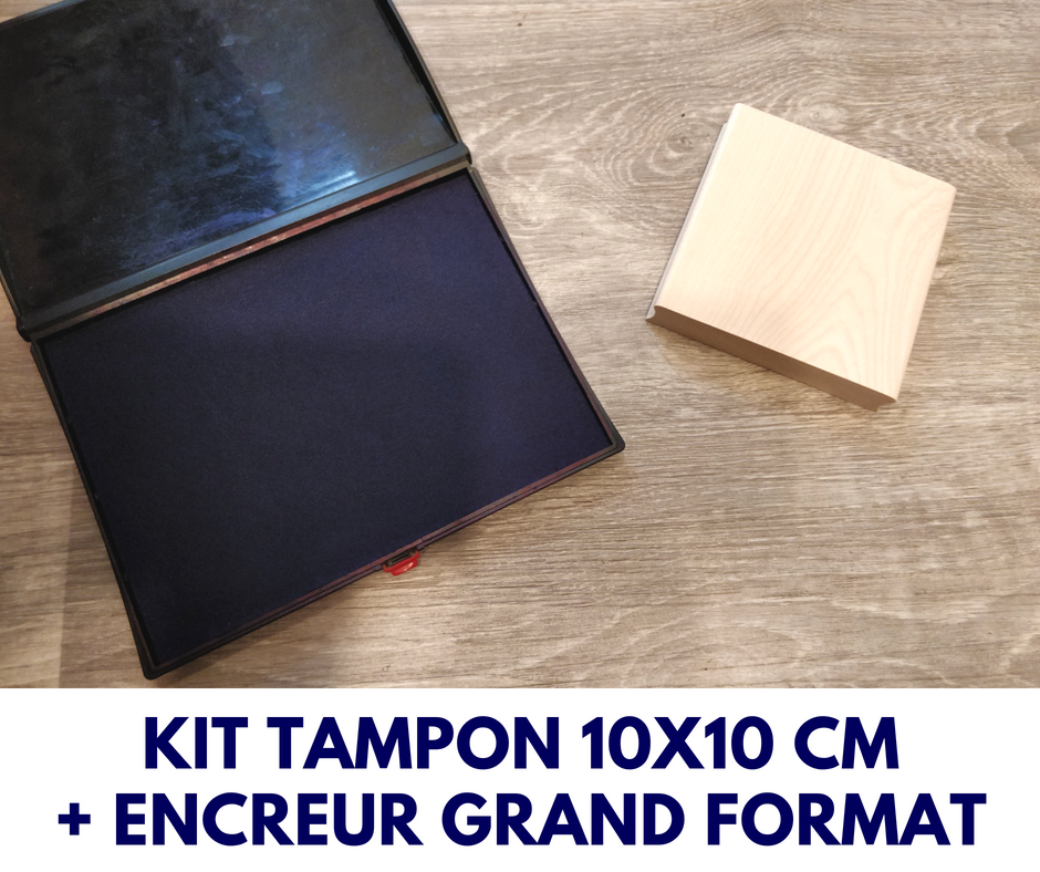 KIT SPECIAL PACKAGING, UN TAMPON BOIS DE 10 X 10 CM, 100 X 100 MM AVEC VOTRE FICHIER ET UN TAMPON ENCREUR