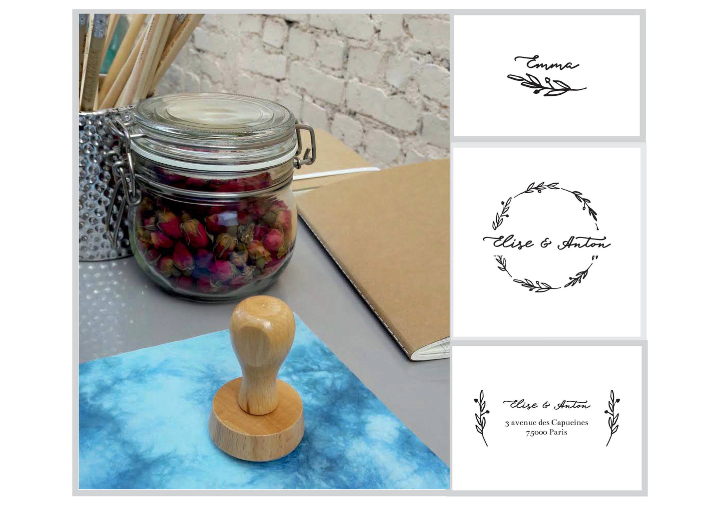 Tampon mariage Elise & Anton couronne de fleurs sur mesure, tampon rond, tampon personnalisé,tampon vintage bois pour vos cadeaux de mariage