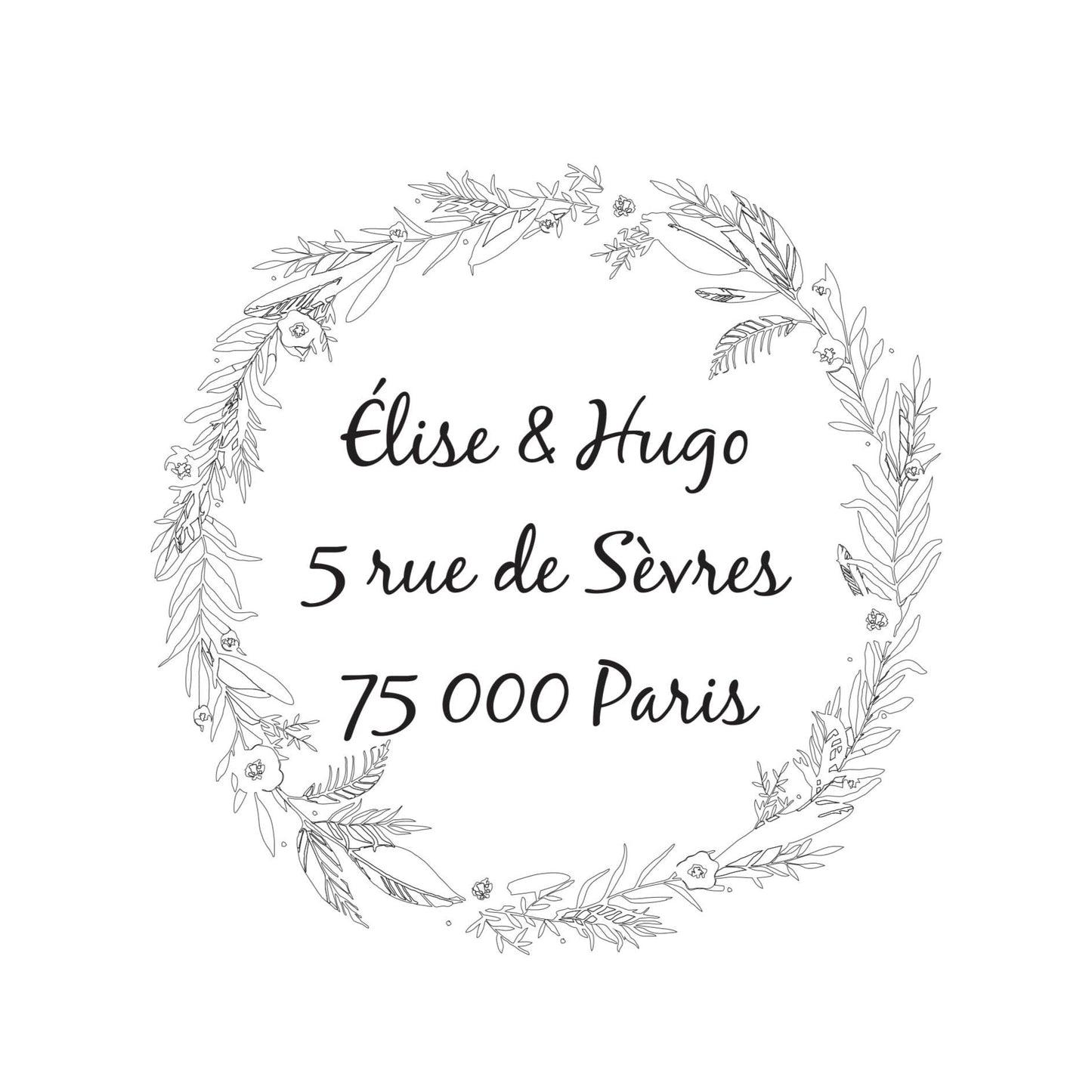 Le tampon Elise et Hugo est un tampon couronne de fleurs élégant. Inspiré d'une couronne de fleurs qu'on a eu un jour en cadeau, elle était si jolie qu'on ne pouvait se résoudre à ce qu'elle fane un jour. La transformer en tampon nous a permis de nous en faire un souvenir étgernel