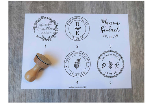 Tampon mariage personnalisé avec vos prénoms et initiales et date de mariage, tampon en bois vintage personnalisable, modèle HB