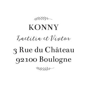 Le tampon Laetitia et Victor est un tampon champêtre minimaliste. Inspiré d’une broderie, on y a représenté deux branches de feuilles toutes en finesse. Ce tampon pourra être tamponné sur vos lettres, en signature de vos envois, sur vos faire-parts et sur tous vos supports.