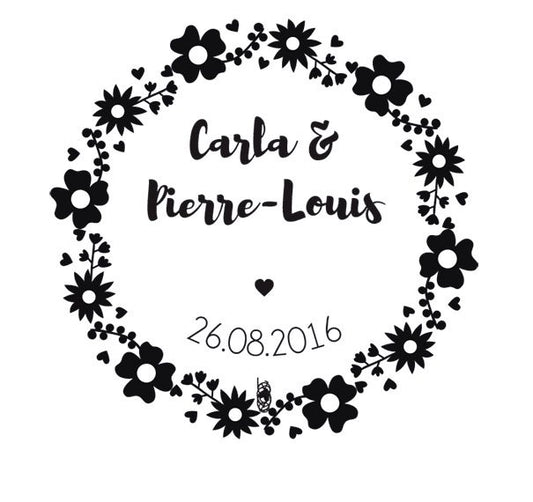 Tampon couronne fleurs, tampon mariage logo personnalisable, tampon logo mariage sur mesure pour décorer vos papeteries de mariage