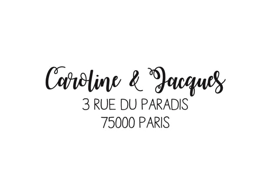 Tampon adresse sur mesure Caroline & Jacques, tampon adresse personnalisé, tampon adresse papeterie mariage, tampon personnalisé sur mesure,